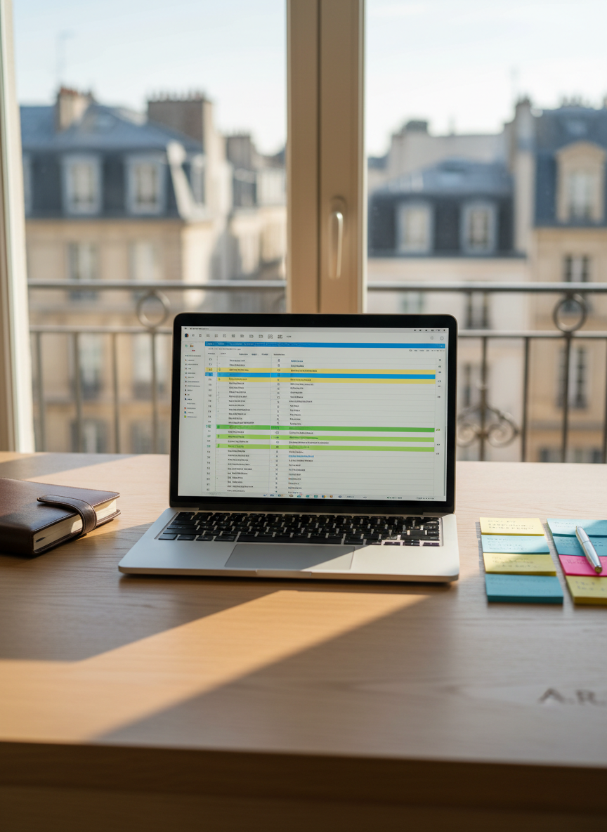 A meticulously organized project management workspace on a light oak desk, featuring an open laptop displaying a clean Gantt chart, color-coded sticky notes neatly aligned beside a slim silver pen, and a closed leather-bound planner embossed with subtle initials. The desk sits near a large window overlooking a soft-focus European cityscape suggesting a French setting. Gentle morning daylight washes across the scene, creating soft shadows and crisp reflections on the laptop’s metallic surface. Photographic realism, shot from a slightly elevated angle with a shallow depth of field so the planning tools are in sharp focus while the background blurs into a calm, professional haze. The mood is serene yet focused, evoking operational control, clarity, and methodical coordination of complex business projects.